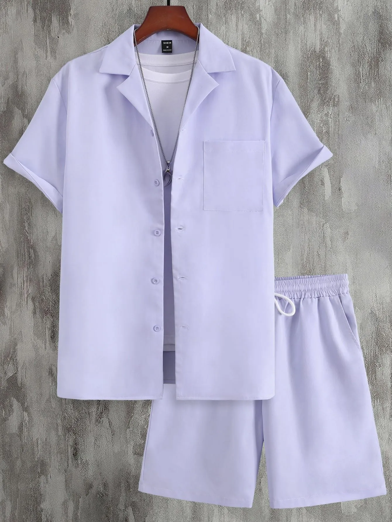 Men's light grey short sleeve Cuban collar shirt and matching shorts sport suit set