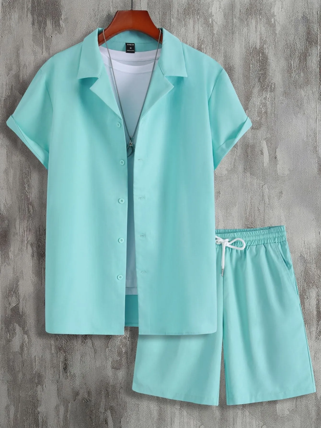 Men's light grey short sleeve Cuban collar shirt and matching shorts sport suit set
