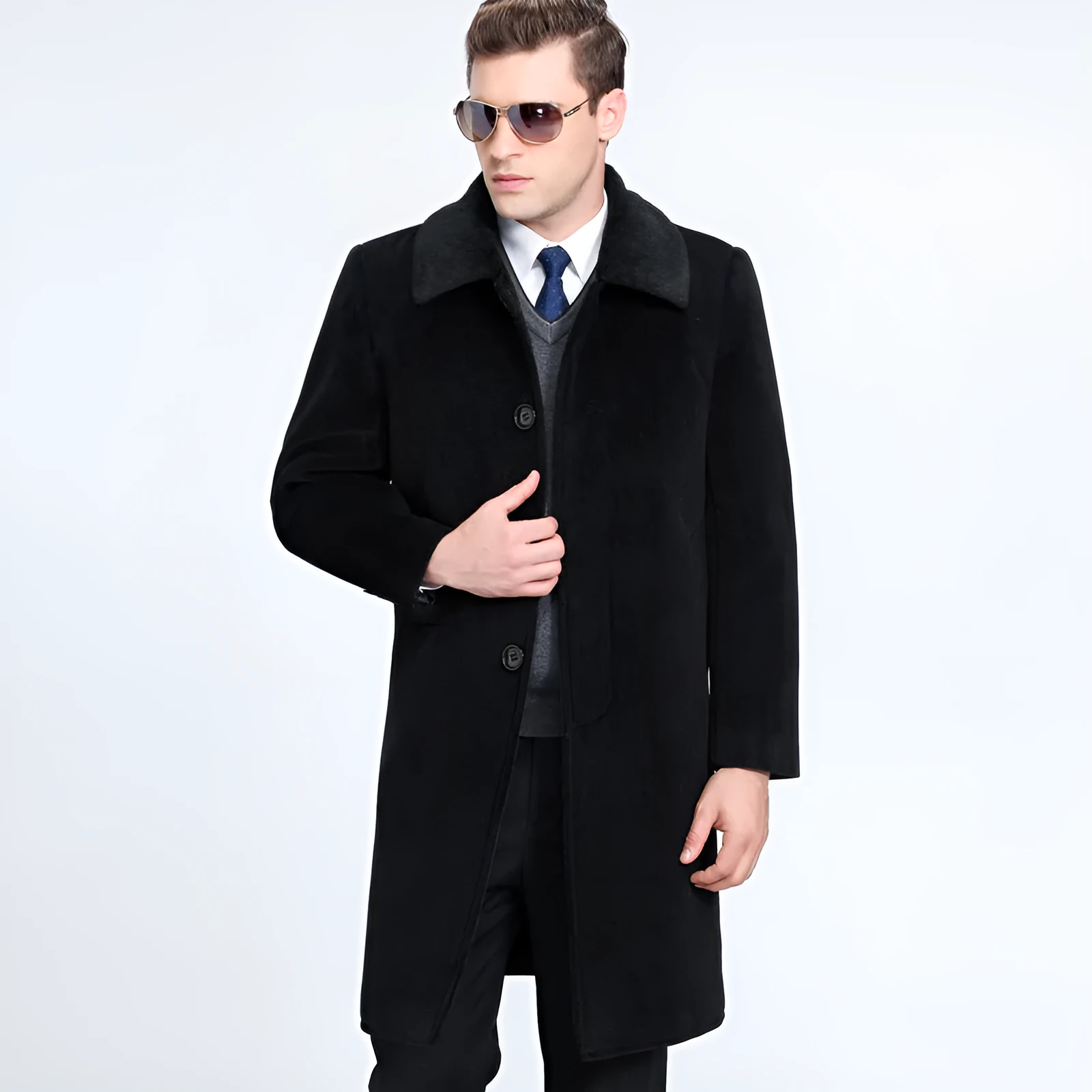 Men's medium long wool cashmere lapel coat in solid black, cardigan style, fit for business wear