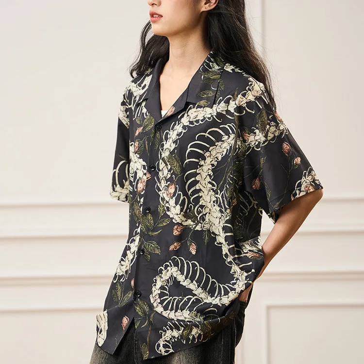 Short sleeve loose fit Cuban collar shirt with a printed snake bone pattern design in a colour option.