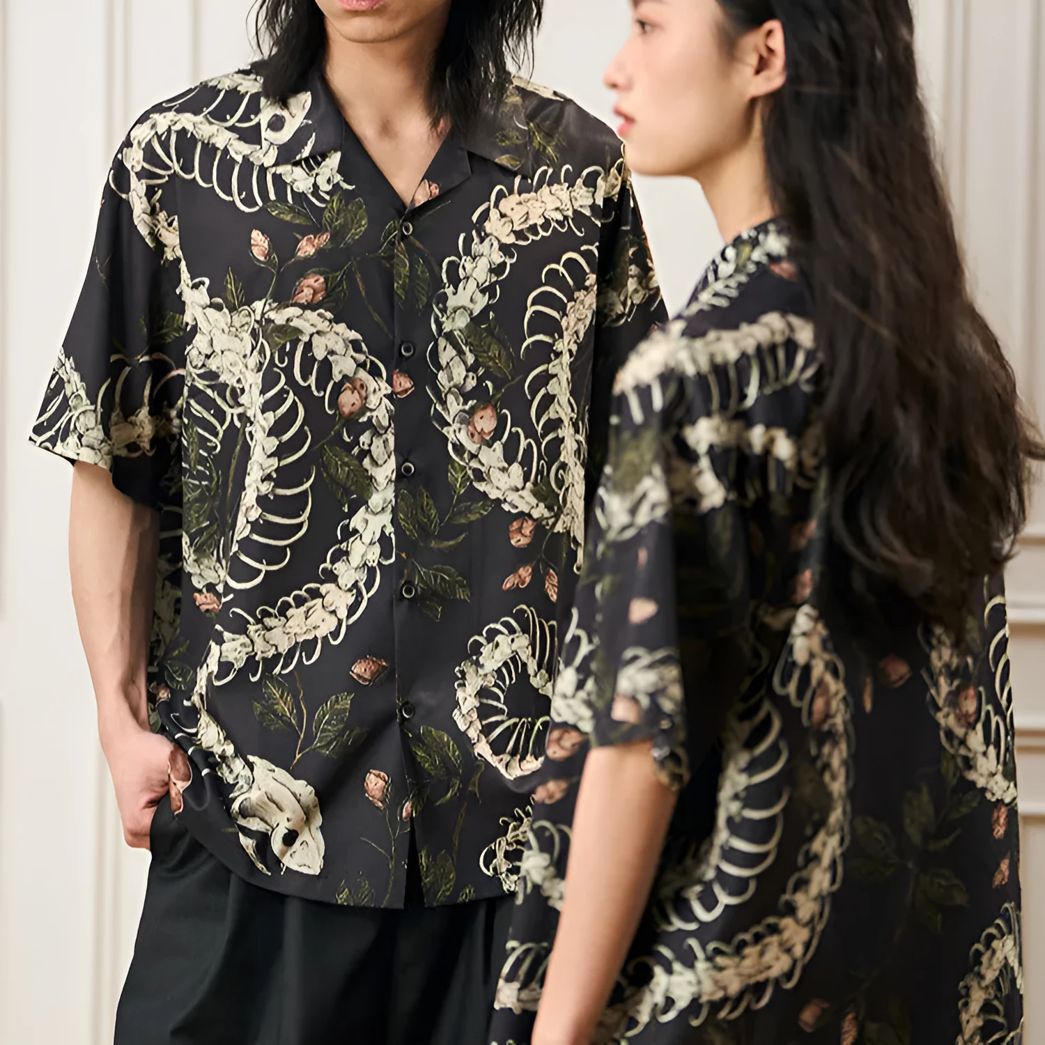 Short sleeve loose fit Cuban collar shirt with a printed snake bone pattern design in a colour option.