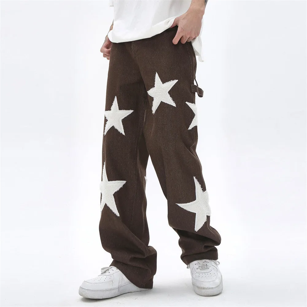 Men's five pointed star flocked embroidered straight tube jeans in black denim