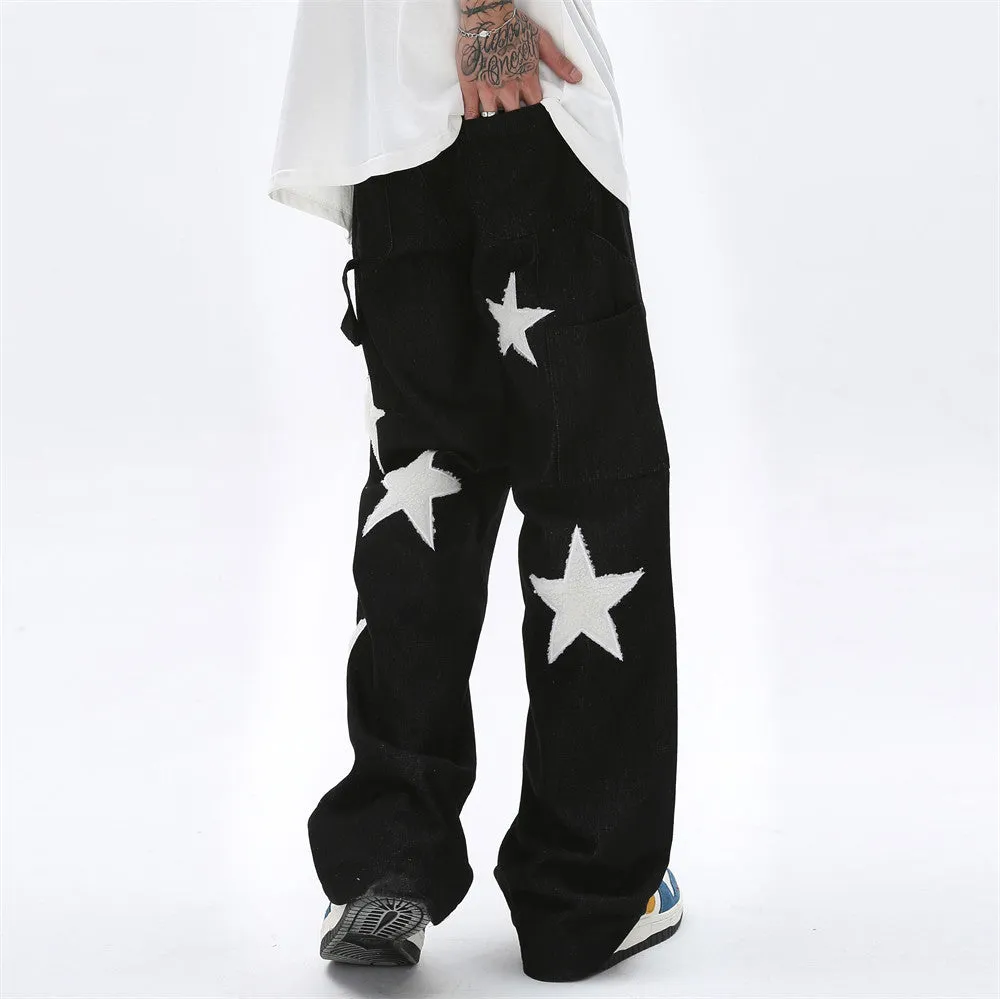 Men's five pointed star flocked embroidered straight tube jeans in black denim
