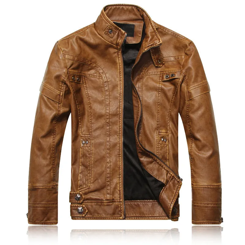 Men's faux leather biker jacket in black, brown, and coffee colours, available in sizes L to 5XL