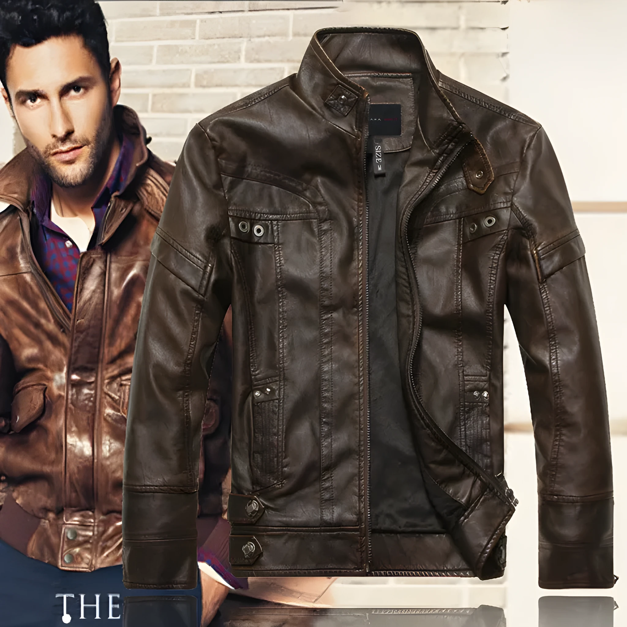Men's faux leather biker jacket in black, brown, and coffee colours, available in sizes L to 5XL