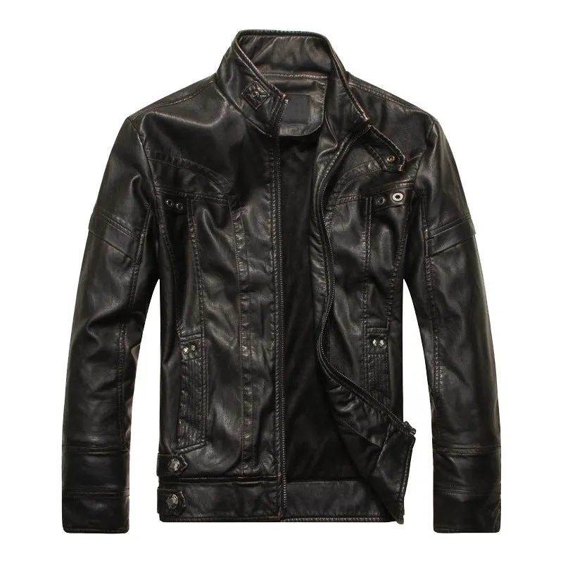Men's faux leather biker jacket in black, brown, and coffee colours, available in sizes L to 5XL