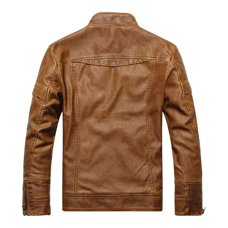 Men's faux leather biker jacket in black, brown, and coffee colours, available in sizes L to 5XL
