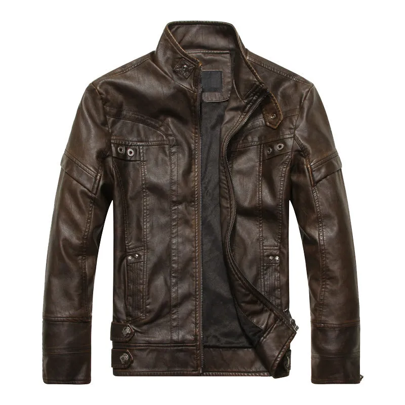 Men's faux leather biker jacket in black, brown, and coffee colours, available in sizes L to 5XL