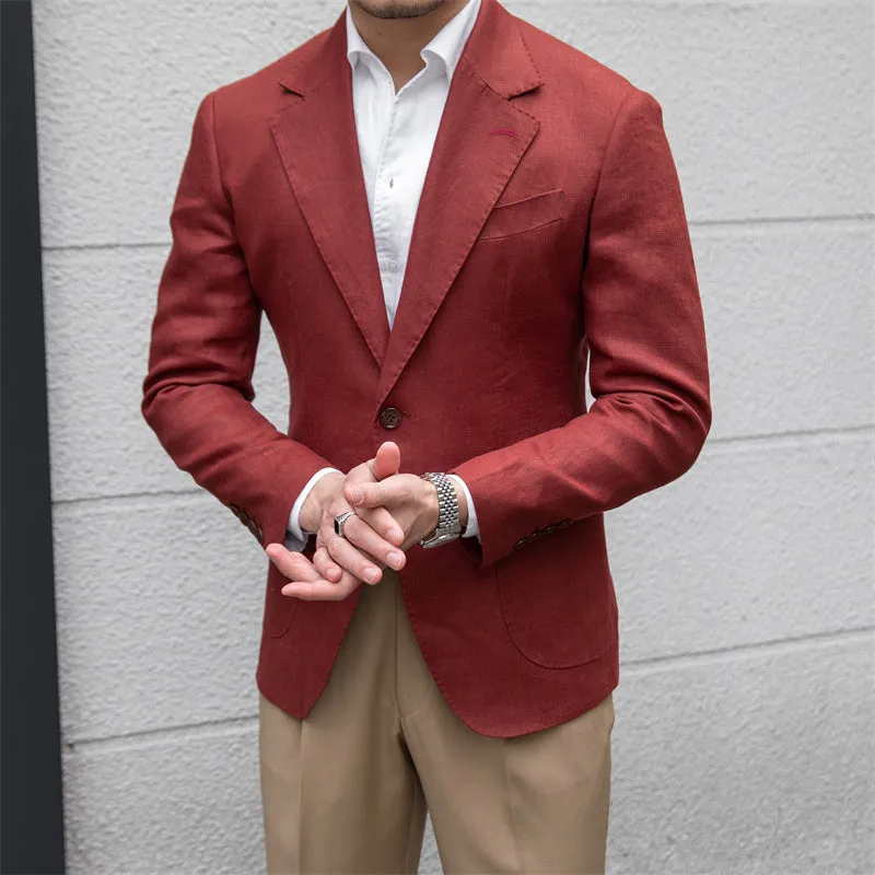 Men's pure linen slim fit suit jacket double-breasted two buttons white wine red long sleeve formal wear