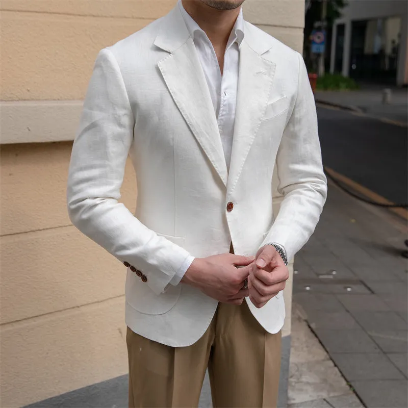 Men's pure linen slim fit suit jacket double-breasted two buttons white wine red long sleeve formal wear