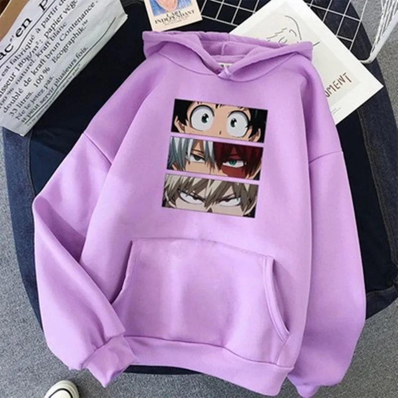 Unisex loose hoodie sweater with three eyes print in black, long sleeves, polyester fabric, front view