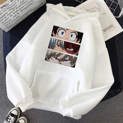Unisex loose hoodie sweater with three eyes print in black, long sleeves, polyester fabric, front view