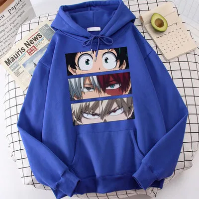 Unisex loose hoodie sweater with three eyes print in black, long sleeves, polyester fabric, front view