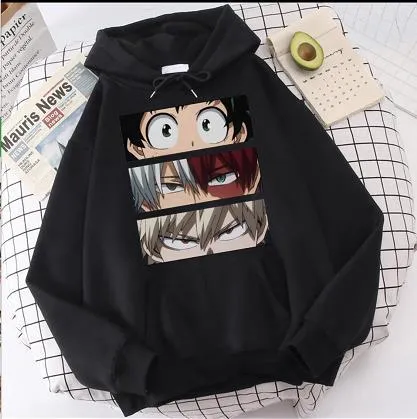 Unisex loose hoodie sweater with three eyes print in black, long sleeves, polyester fabric, front view