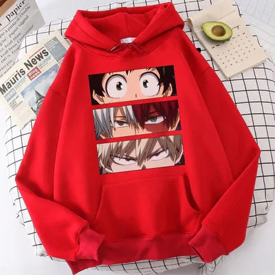 Unisex loose hoodie sweater with three eyes print in black, long sleeves, polyester fabric, front view