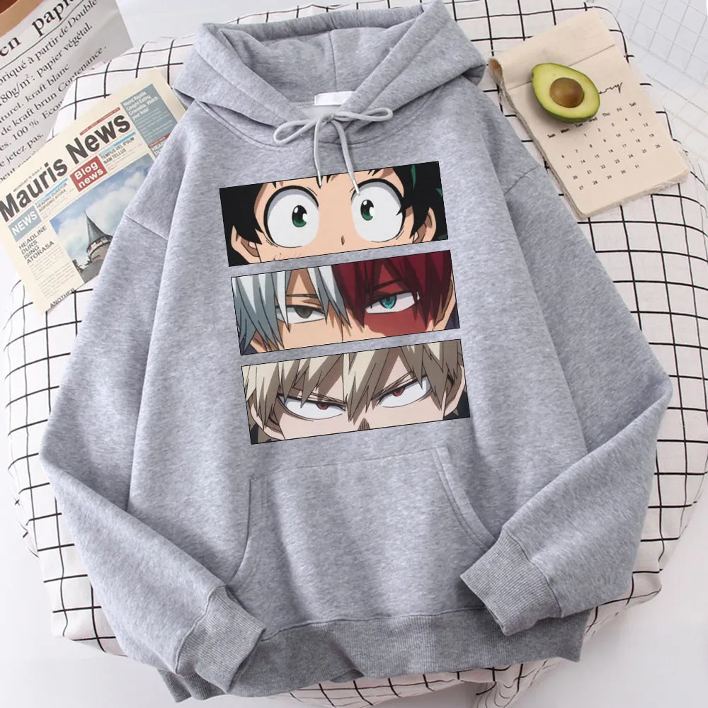 Unisex loose hoodie sweater with three eyes print in black, long sleeves, polyester fabric, front view