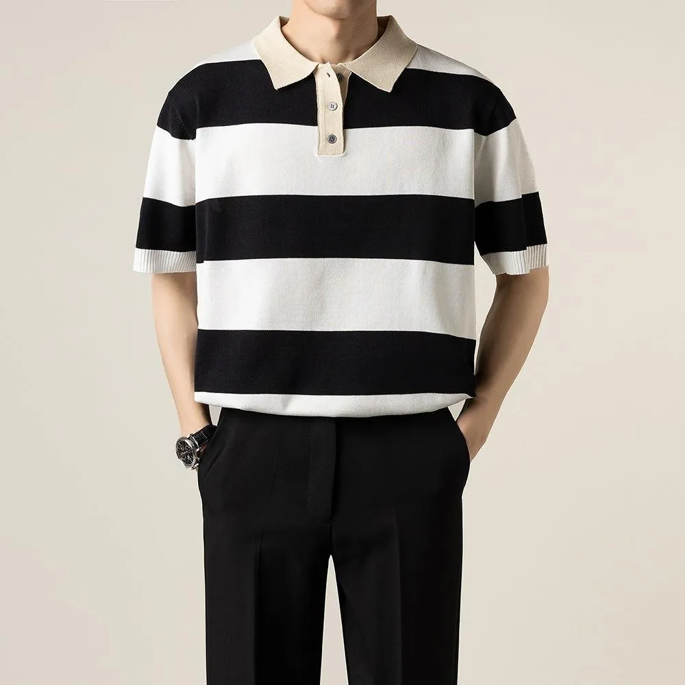 Business striped short-sleeved T-shirt men polyester, B226 black high quality option, front view