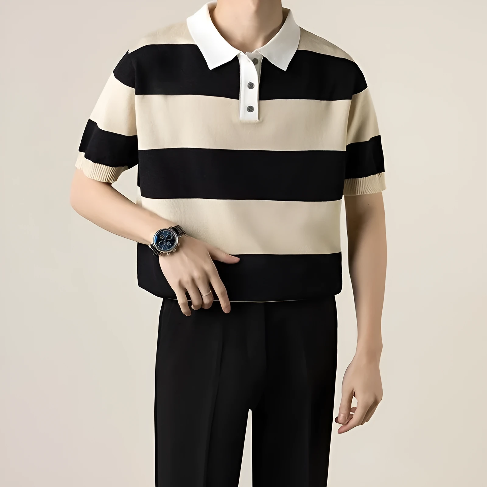 Business striped short-sleeved T-shirt men polyester, B226 black high quality option, front view