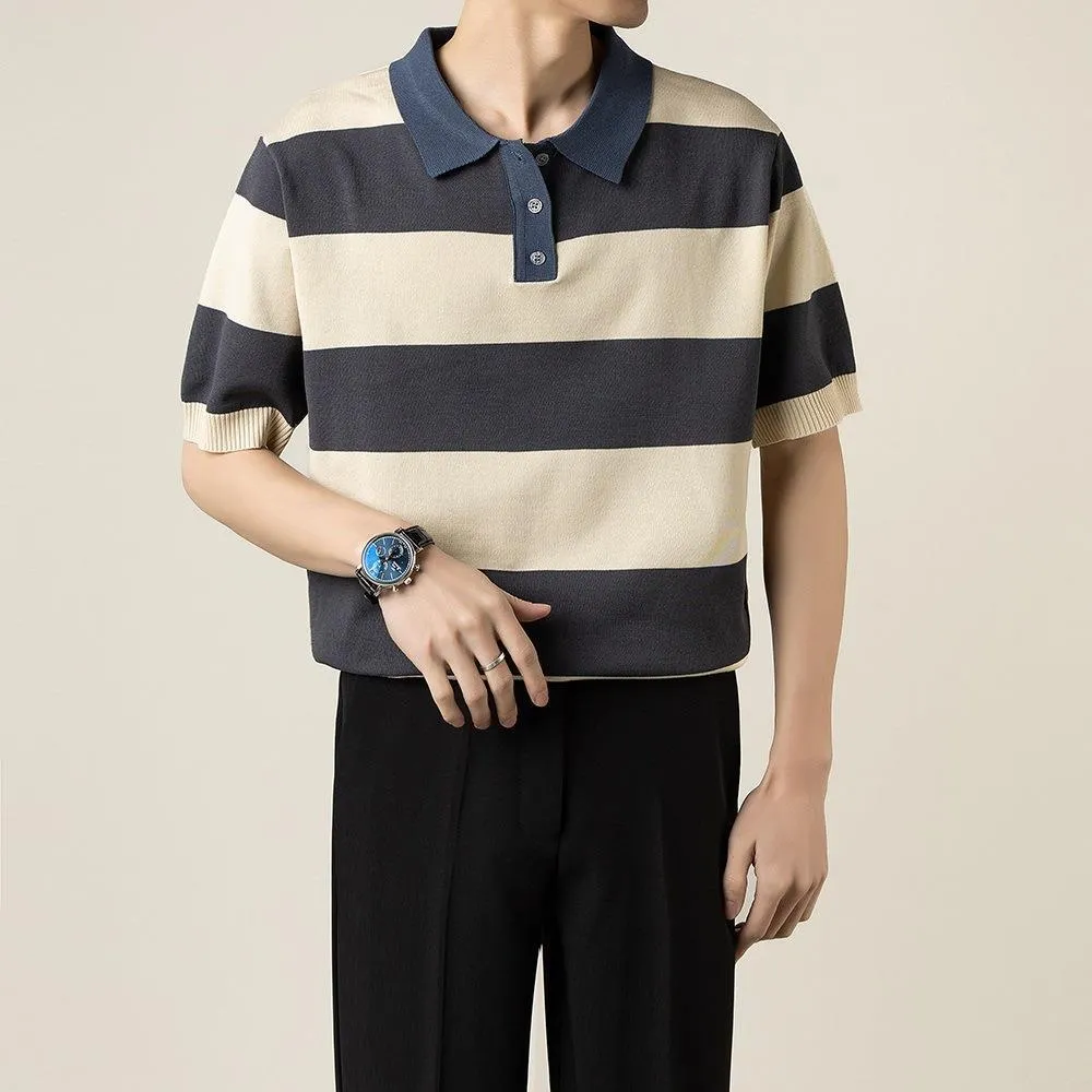 Business striped short-sleeved T-shirt men polyester, B226 black high quality option, front view