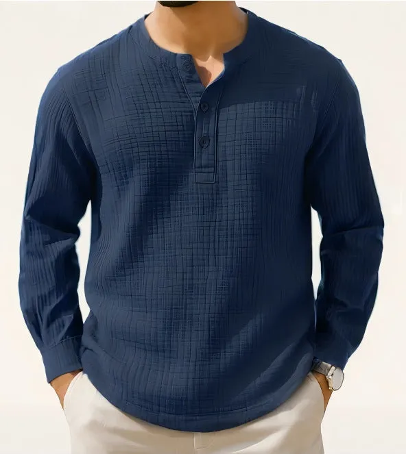 Long sleeve linen blend shirt in slim fit with 3/4 sleeves and round neck