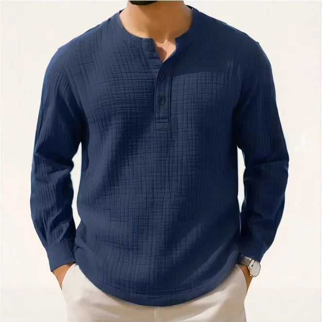 Long sleeve linen blend shirt in slim fit with 3/4 sleeves and round neck