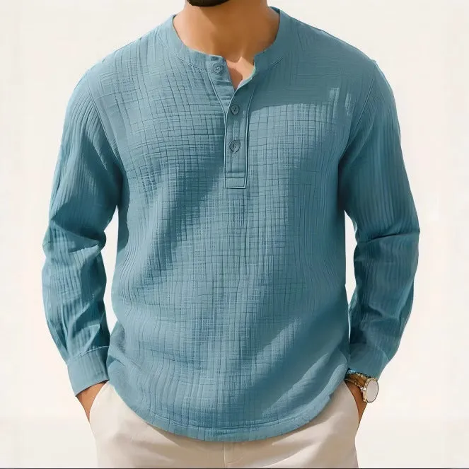 Long sleeve linen blend shirt in slim fit with 3/4 sleeves and round neck