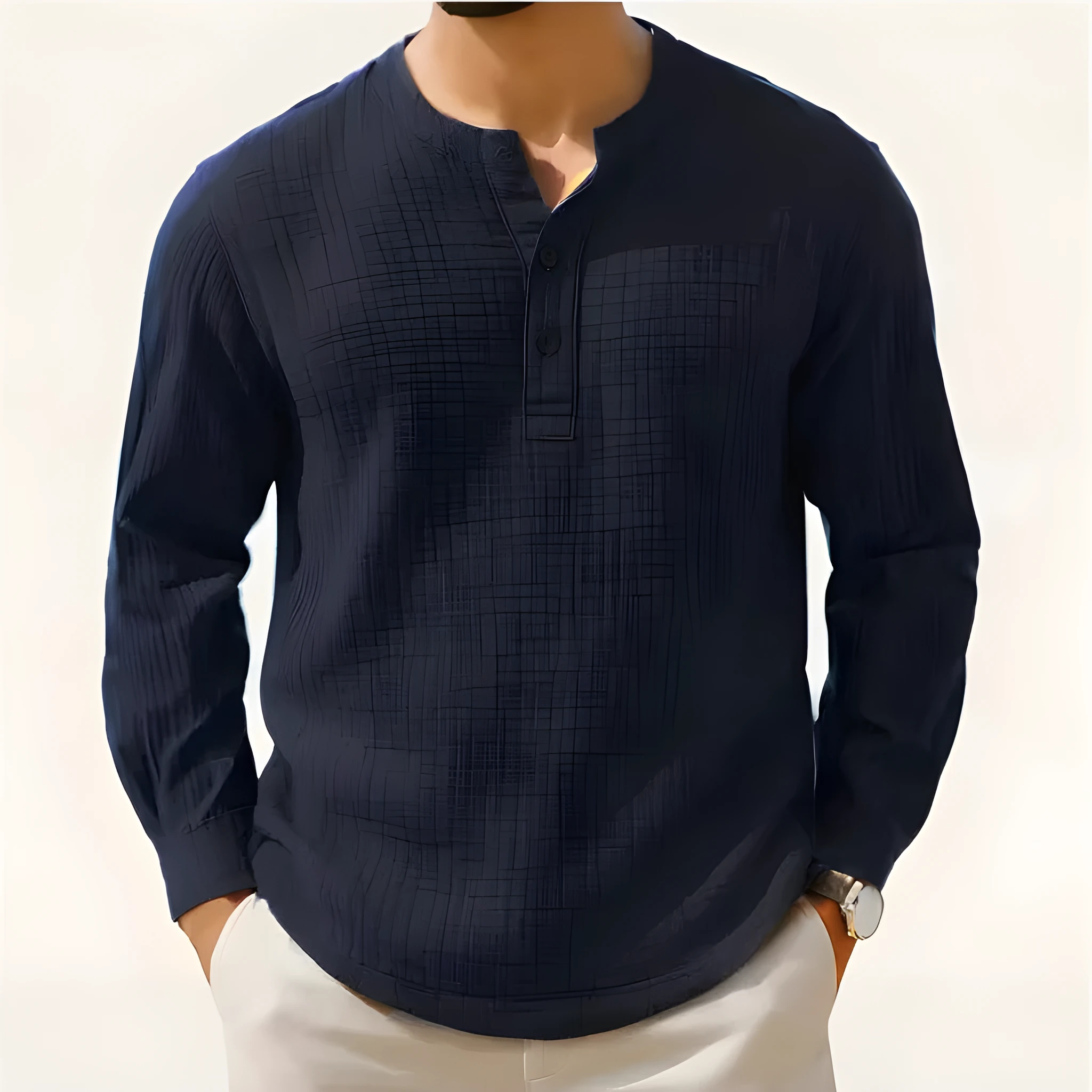 Long sleeve linen blend shirt in slim fit with 3/4 sleeves and round neck
