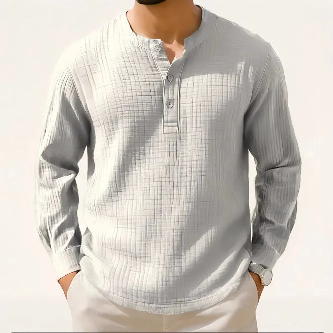 Long sleeve linen blend shirt in slim fit with 3/4 sleeves and round neck