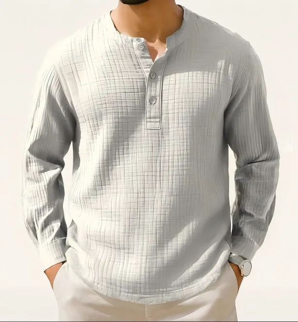 Long sleeve linen blend shirt in slim fit with 3/4 sleeves and round neck
