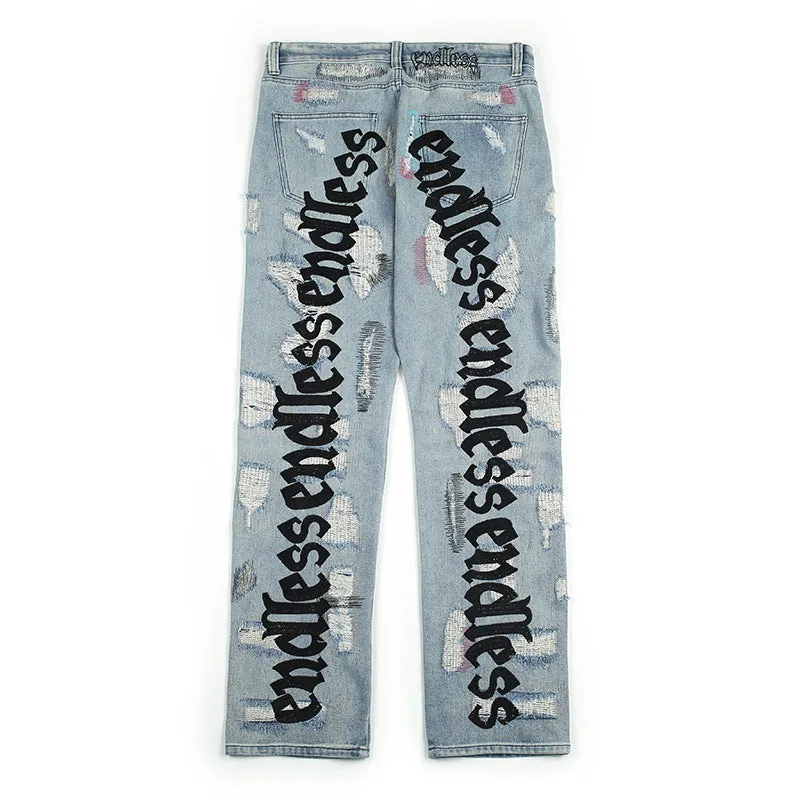 Ripped retro jeans trousers, 95% cotton, straight leg loose fit, low waist, black, embroidered and frayed