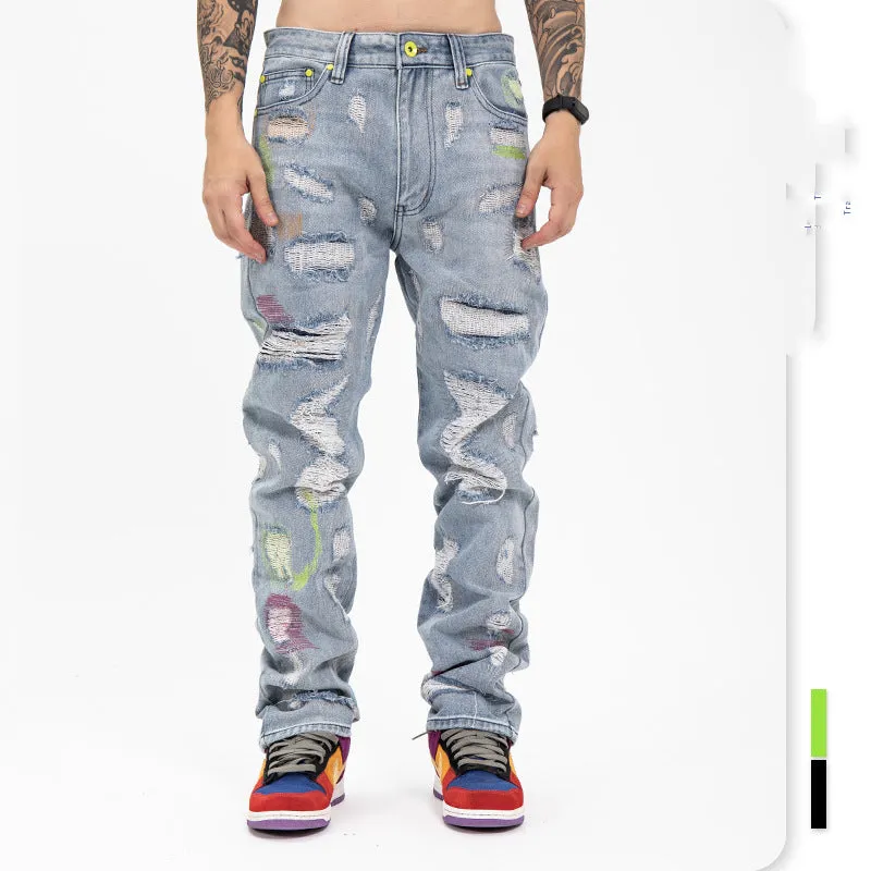 Ripped retro jeans trousers, 95% cotton, straight leg loose fit, low waist, black, embroidered and frayed