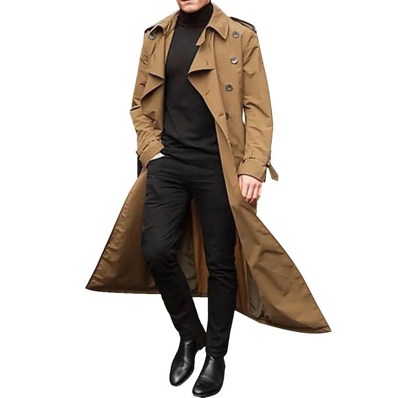 Men's long trench coat with epaulettes, chemical fibre blend, black, green, khaki, orange, Asian sizes