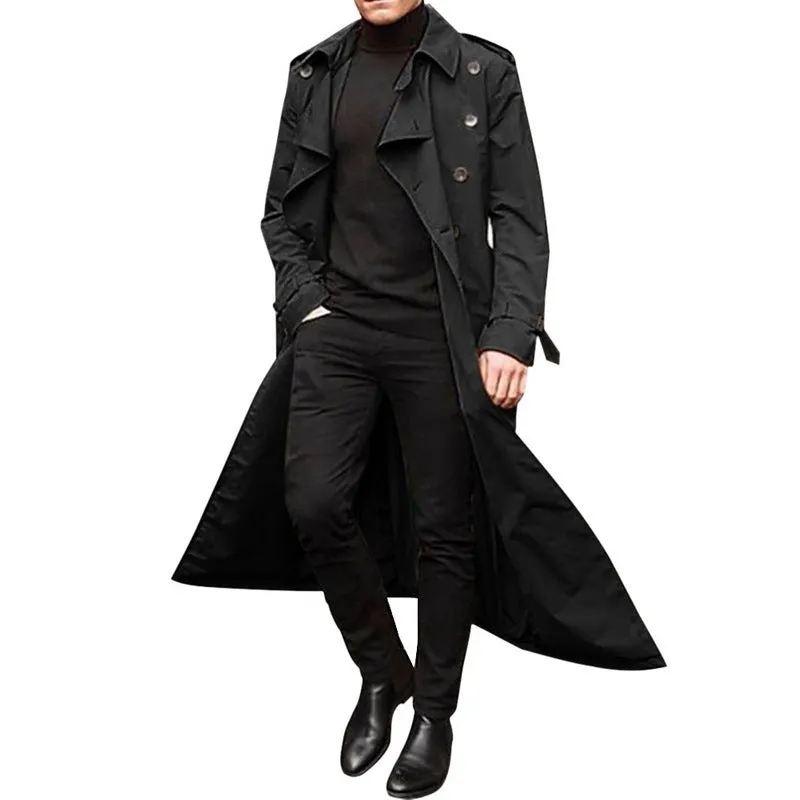 Men's long trench coat with epaulettes, chemical fibre blend, black, green, khaki, orange, Asian sizes