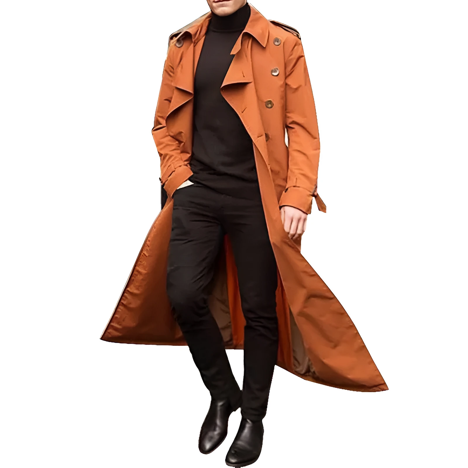 Men's long trench coat with epaulettes, chemical fibre blend, black, green, khaki, orange, Asian sizes
