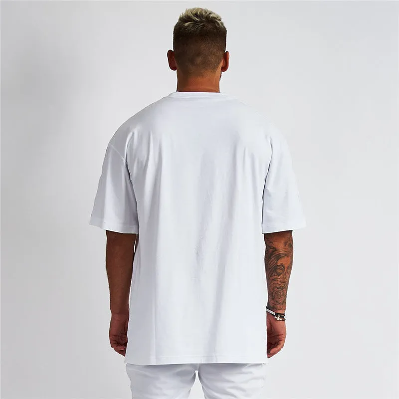 Men's five-point sleeve bodybuilding sports T-shirt in cotton, round neck, black colour, front view