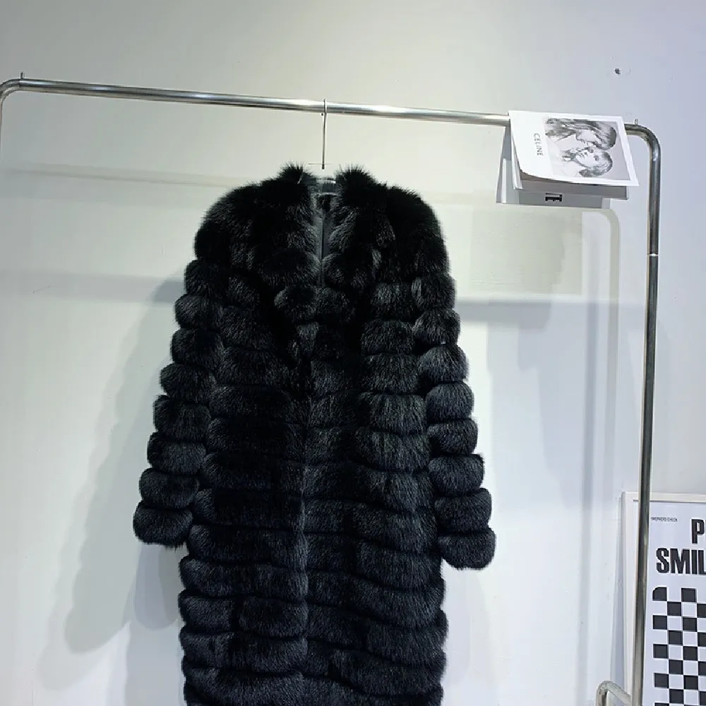 Men's real fur long winter coat in dark black with pockets and regular sleeves