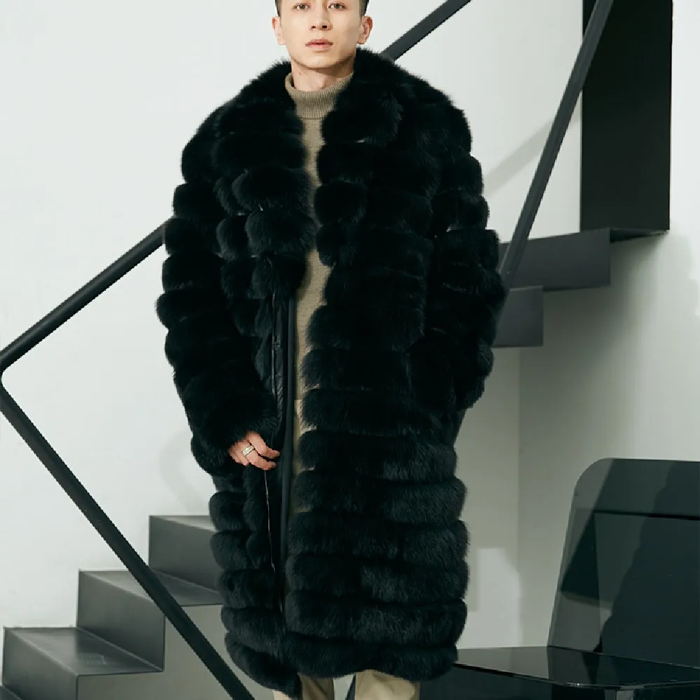 Men's real fur long winter coat in dark black with pockets and regular sleeves