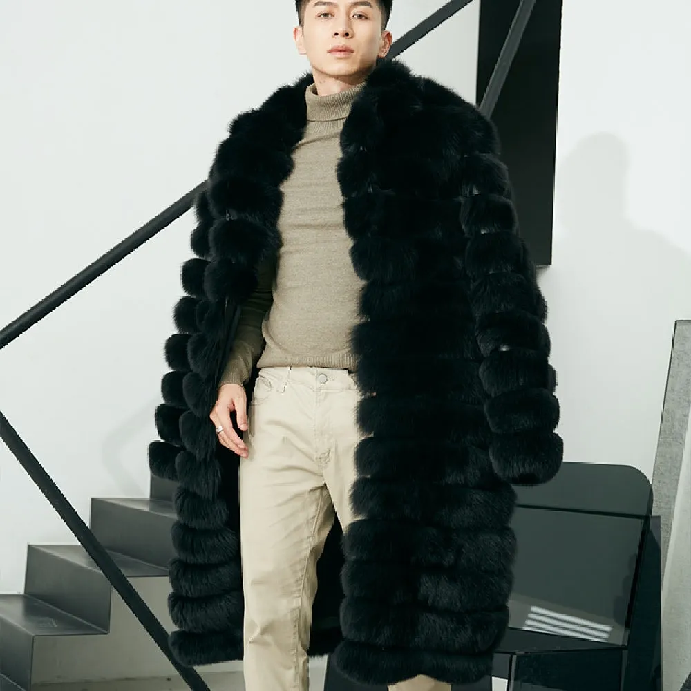 Men's real fur long winter coat in dark black with pockets and regular sleeves