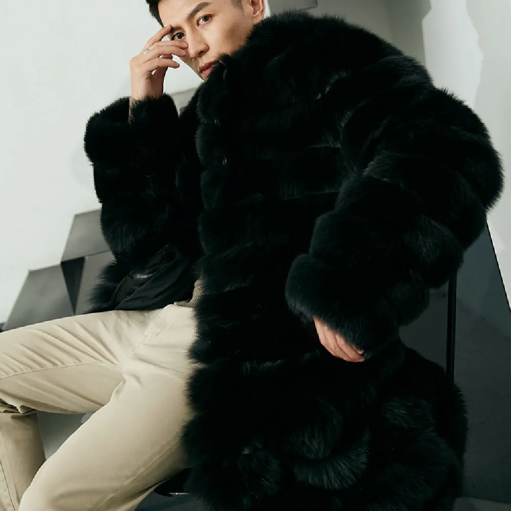 Men's real fur long winter coat in dark black with pockets and regular sleeves