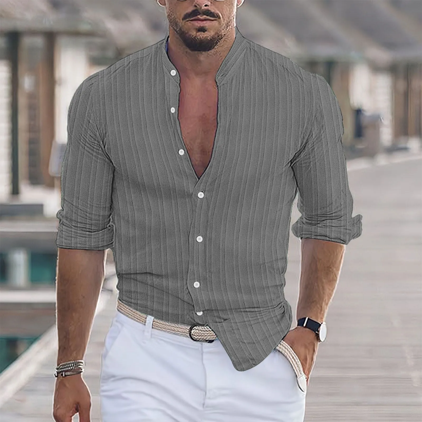 Men's cotton and linen stripes jacquard shirt cardigan in dark blue stripes, loose fit, long sleeves
