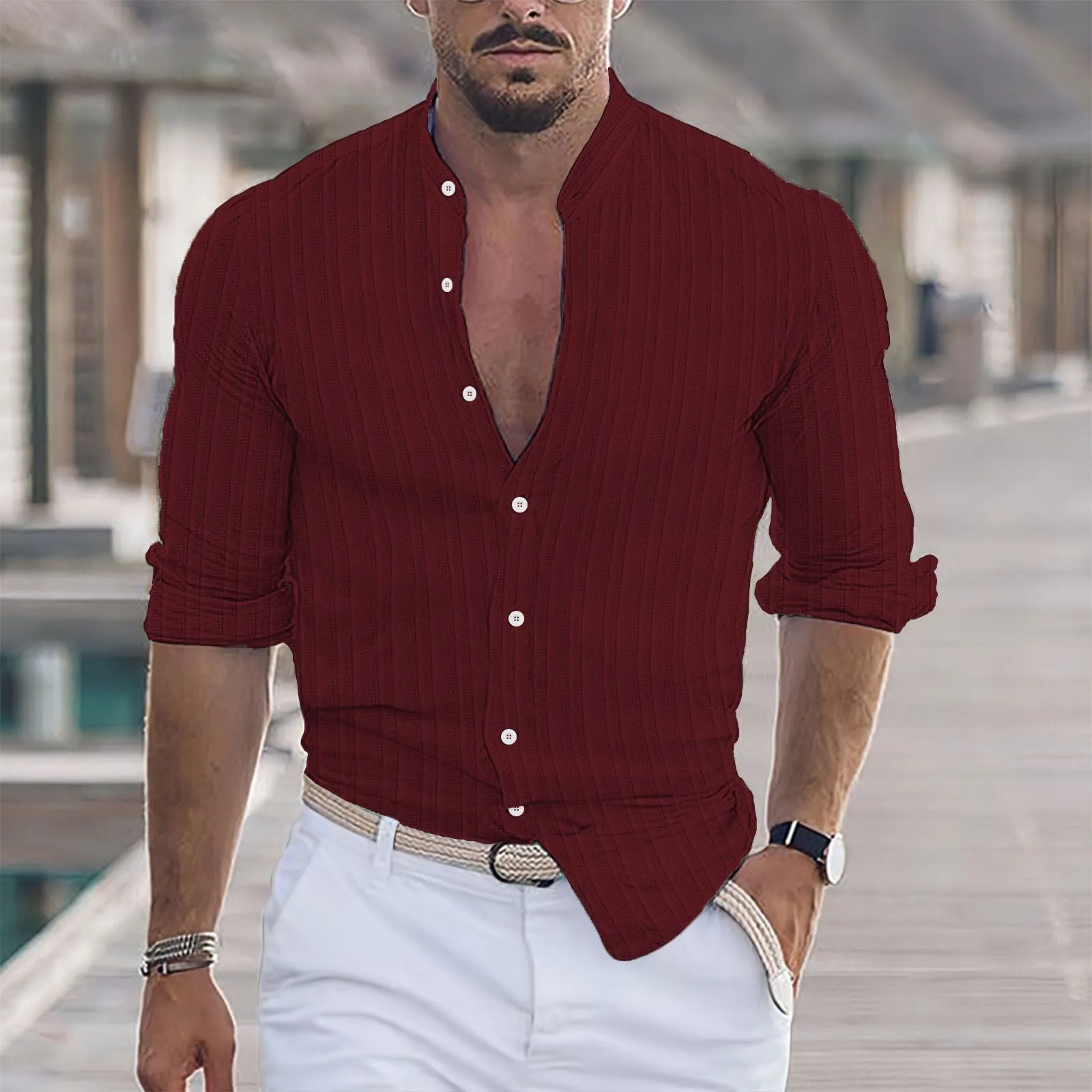 Men's cotton and linen stripes jacquard shirt cardigan in dark blue stripes, loose fit, long sleeves