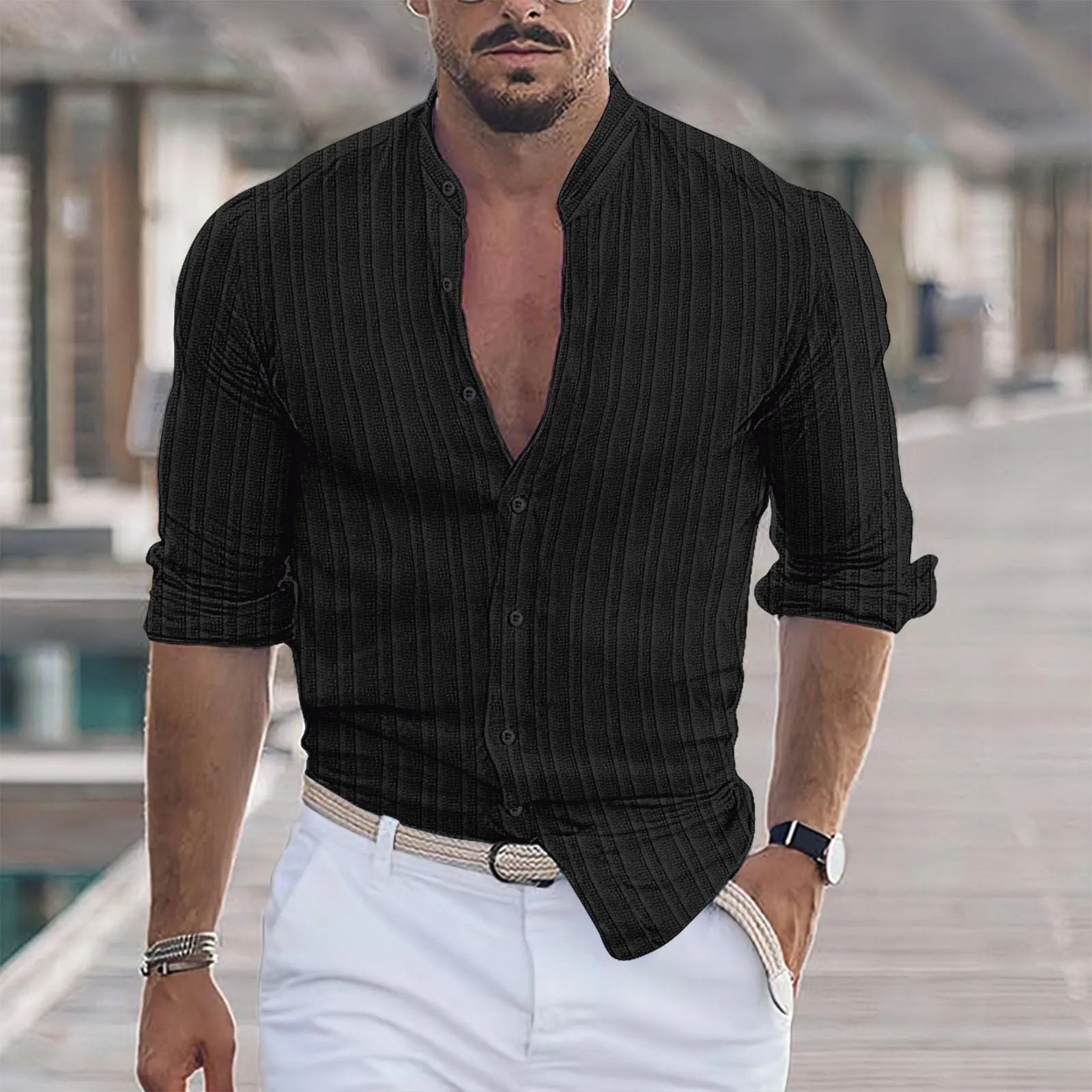 Men's cotton and linen stripes jacquard shirt cardigan in dark blue stripes, loose fit, long sleeves