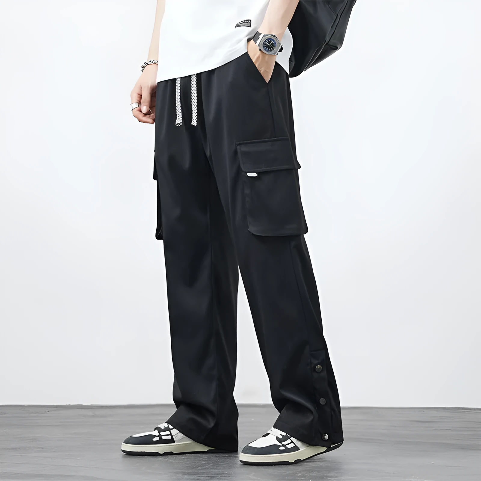 Men's plus size loose straight-leg nylon overalls in Army Green, front view