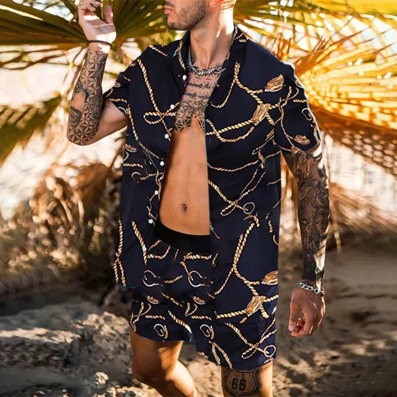 Men's Hawaiian set with polyester four-way stretch shirt and beach shorts, sizes S-XXXL, three styles