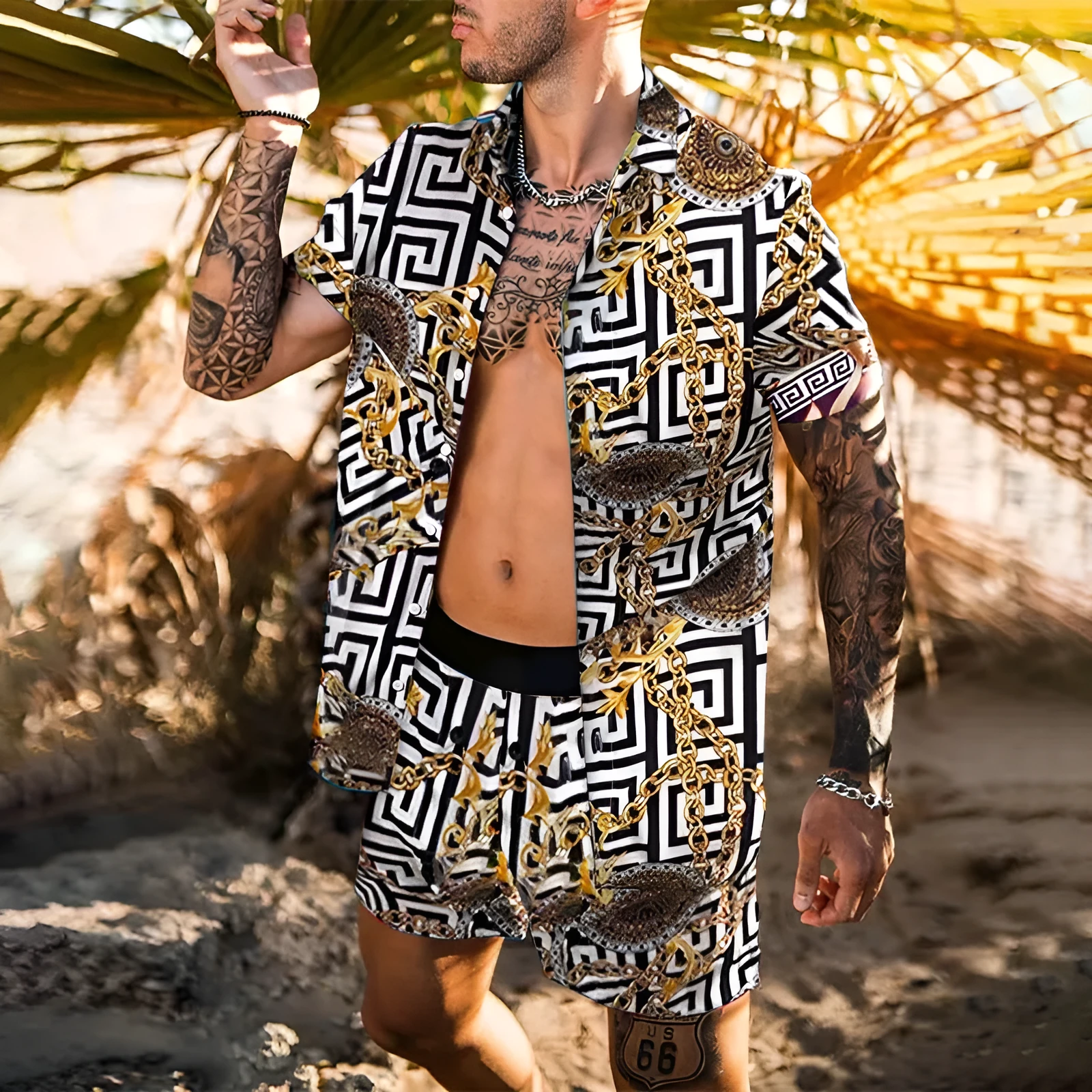 Men's Hawaiian set with polyester four-way stretch shirt and beach shorts, sizes S-XXXL, three styles