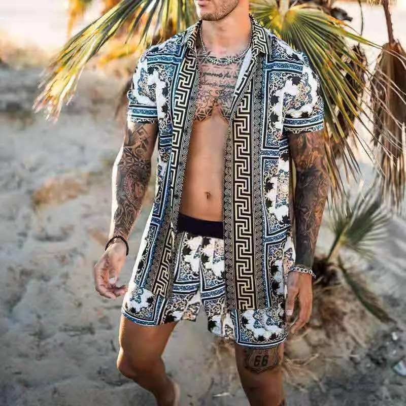 Men's Hawaiian set with polyester four-way stretch shirt and beach shorts, sizes S-XXXL, three styles