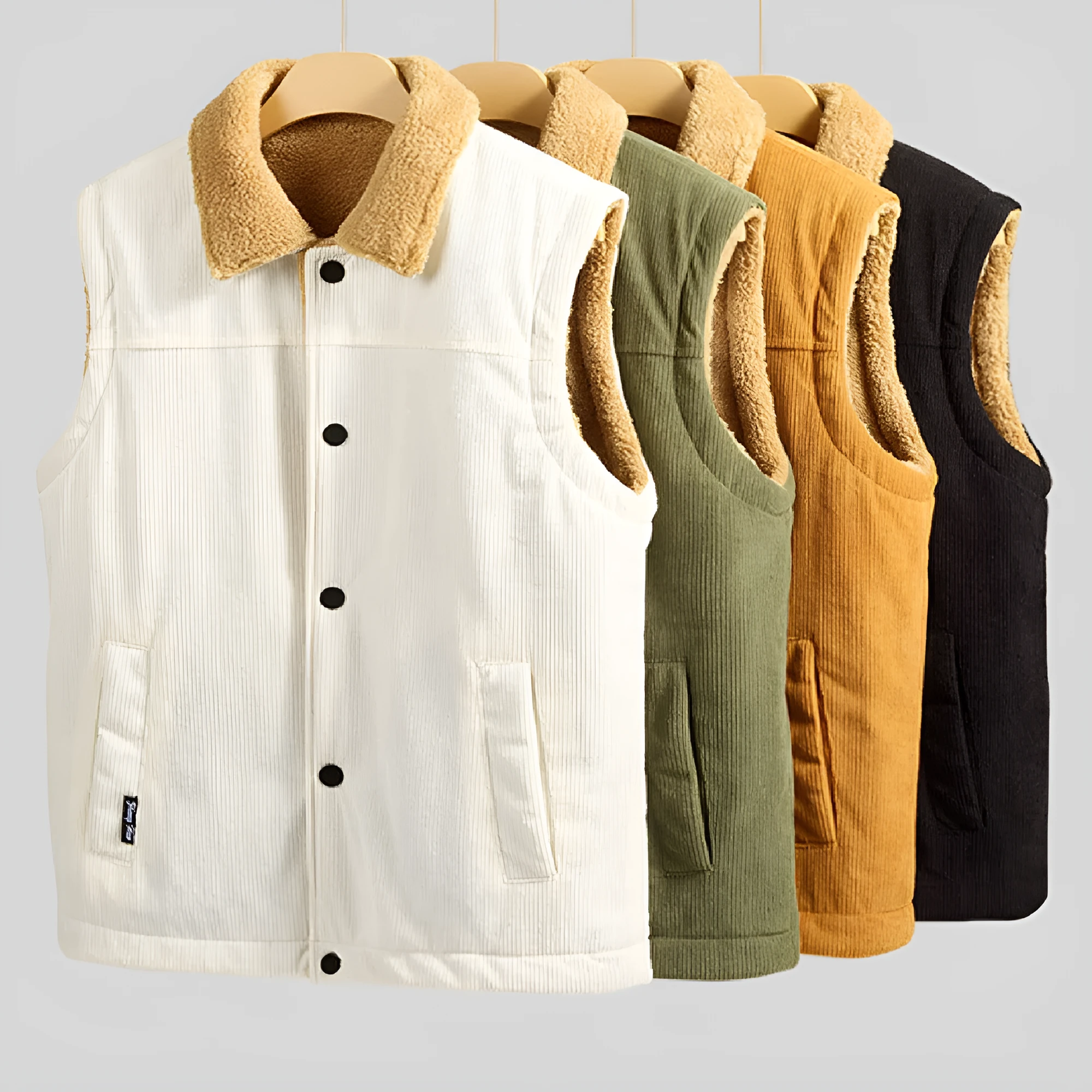 Men's corduroy flip collar jacket in army green, side view, showing fabric texture and collar detail