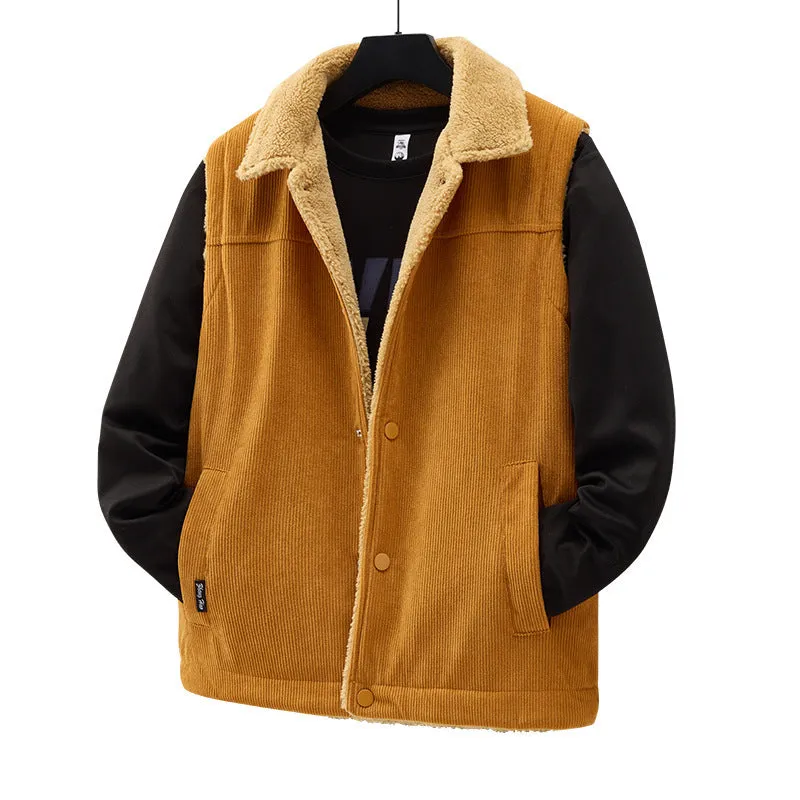Men's corduroy flip collar jacket in army green, side view, showing fabric texture and collar detail