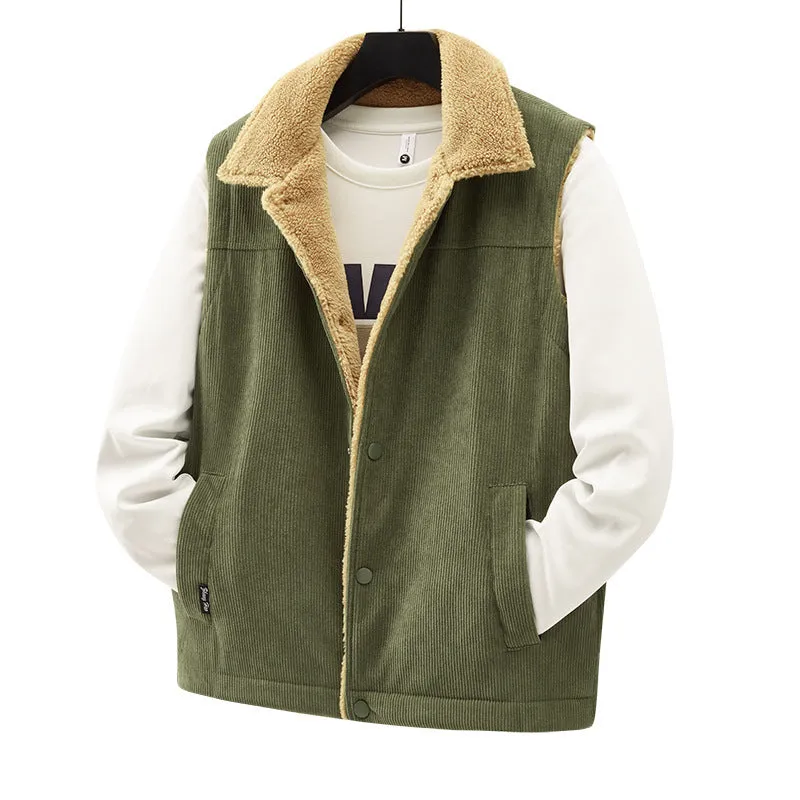 Men's corduroy flip collar jacket in army green, side view, showing fabric texture and collar detail