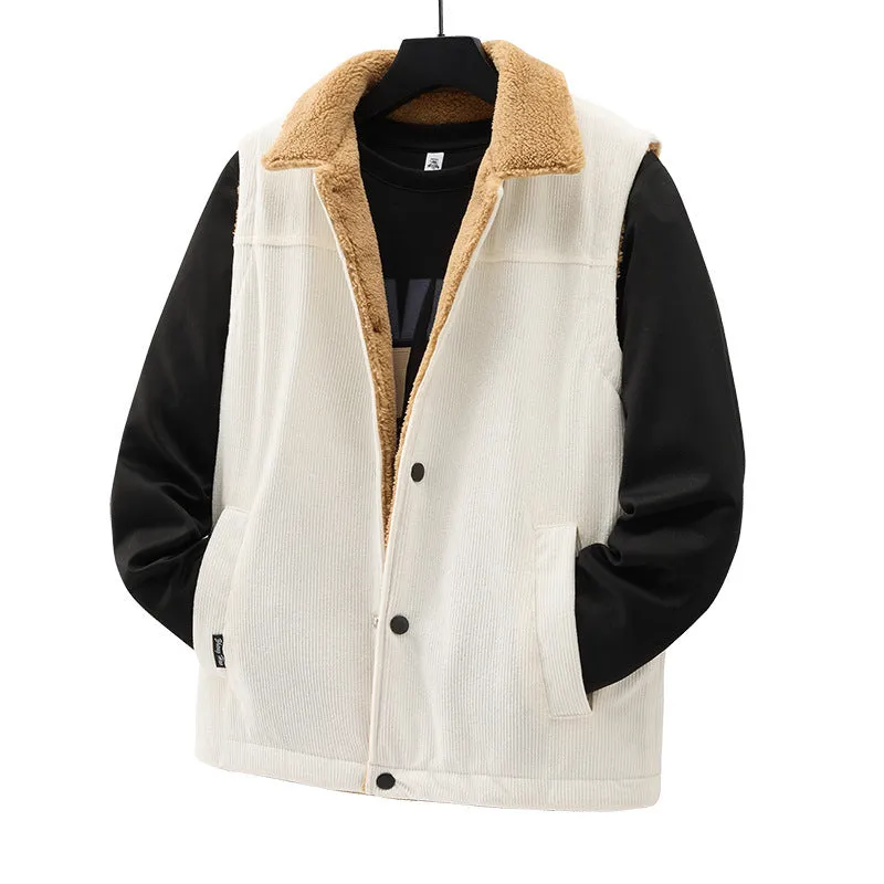 Men's corduroy flip collar jacket in army green, side view, showing fabric texture and collar detail